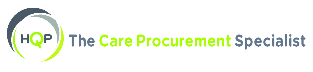 A circle made up of blue, grey and green swirls contains the letters HQP with text to the right that says 'The Care Procurement Specialist'